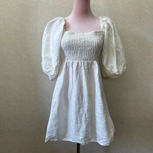 Tuckernuck Puff Sleeve White Linen Beach Annie Smocked Mini Dress Womens Size M
